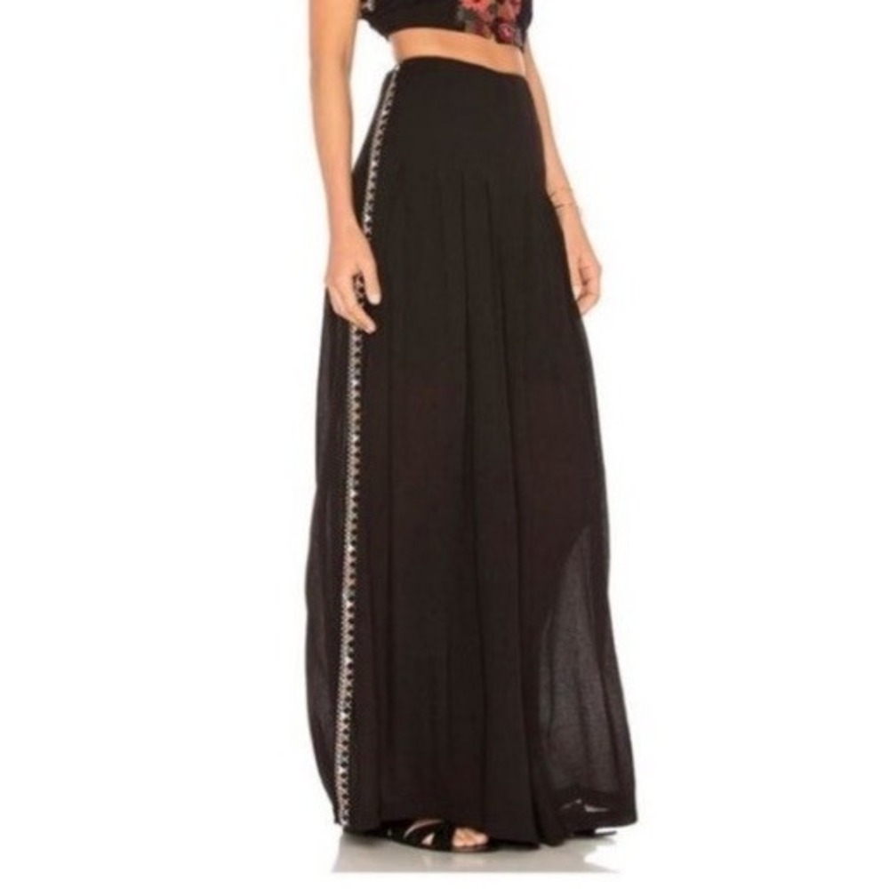 Free People Pants Wide Leg Santoshi Black Embroidered Boho Hippie Gauzy Size 2